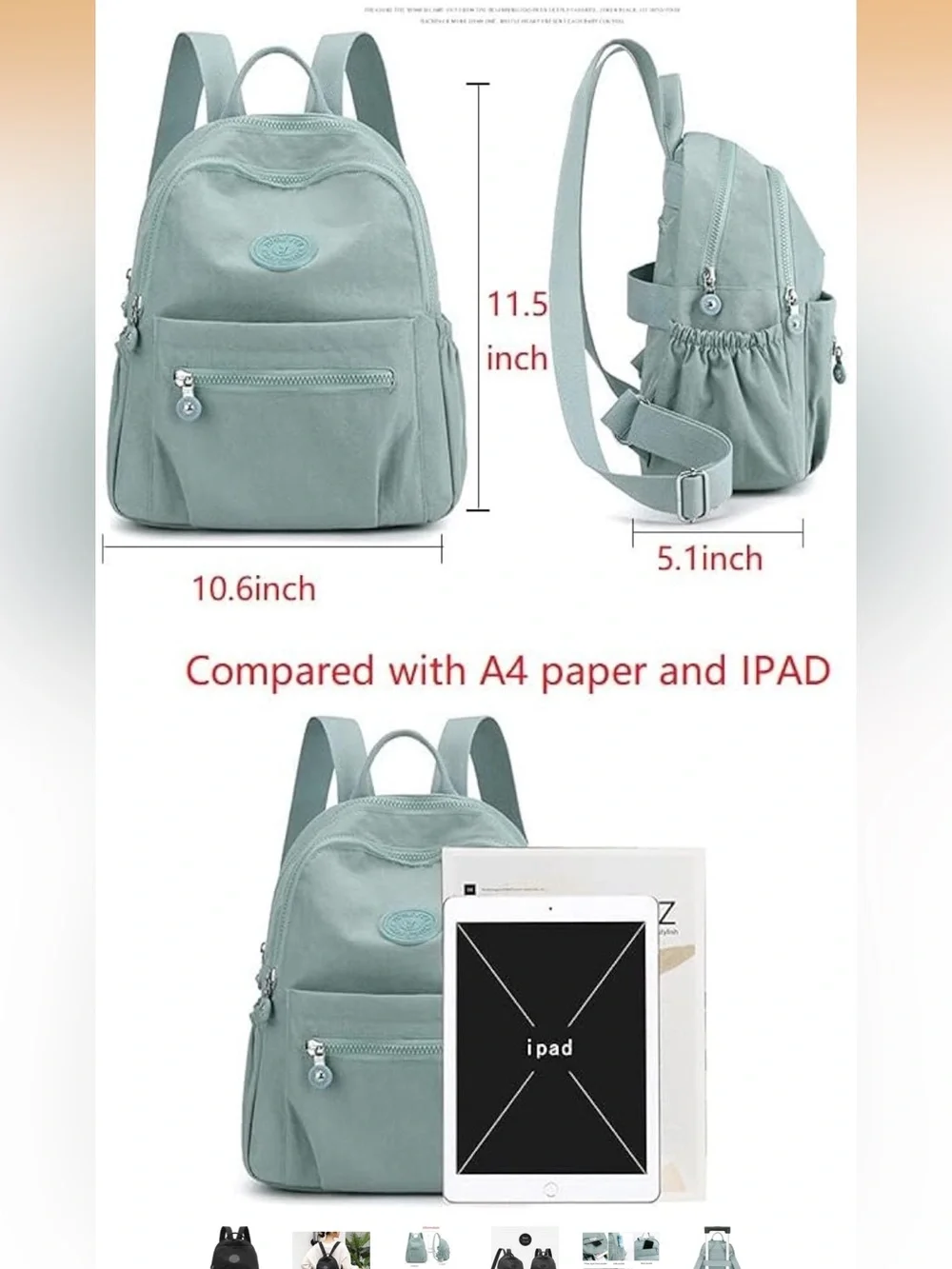 MUKAITE Mint Green Round Front Backpack with Zip Pocket